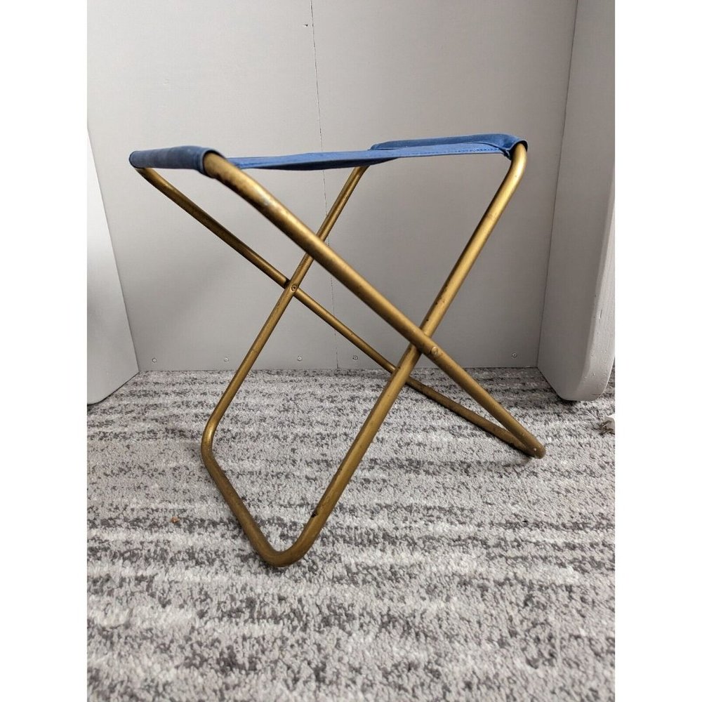 Lafuma Folding Stool Vintage Brass Blue Camping Beach Sports Compact Portable - Picture 5 of 7